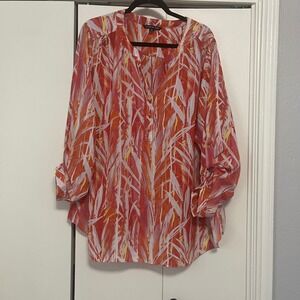 Zac & Rachel Woman Orange Pink Abstract Tropical Print Roll Tab Blouse 3X